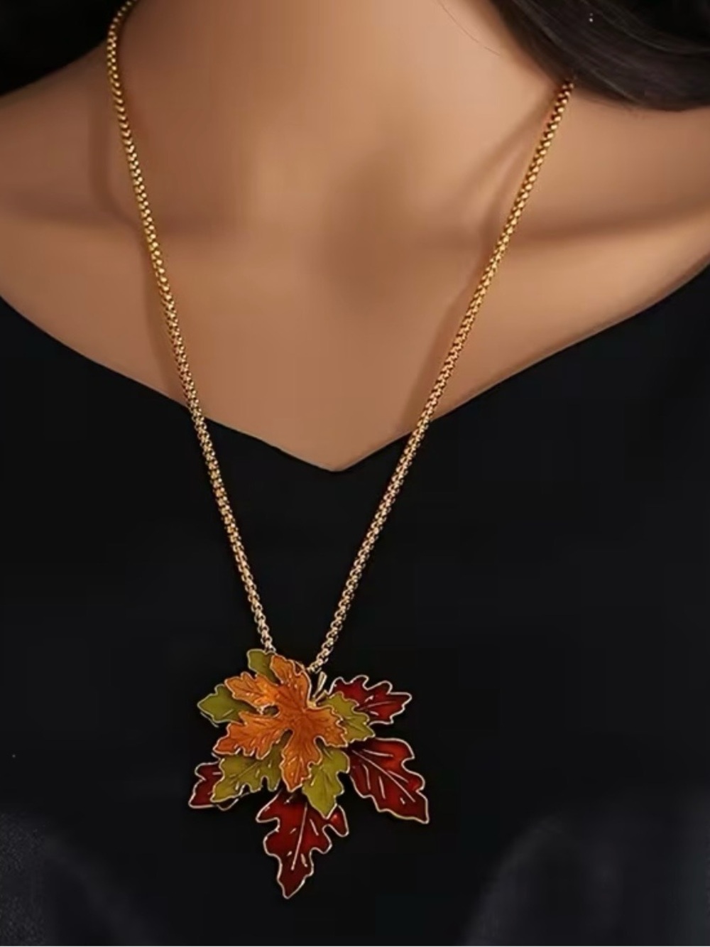 Gold Leaf Cluster Necklace with Red, Orange & Green Enamel, Fall Necklace